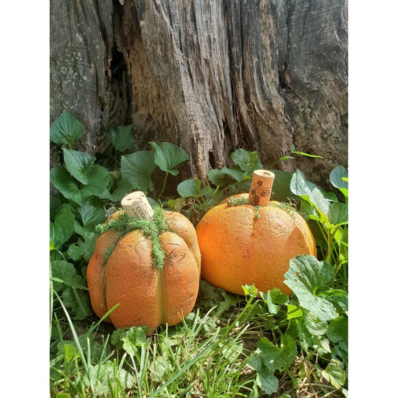Set of (2) Hypertufa Hand Painted Pumpkins, Handmade Cement Pumpkins - Picture 7 of 8